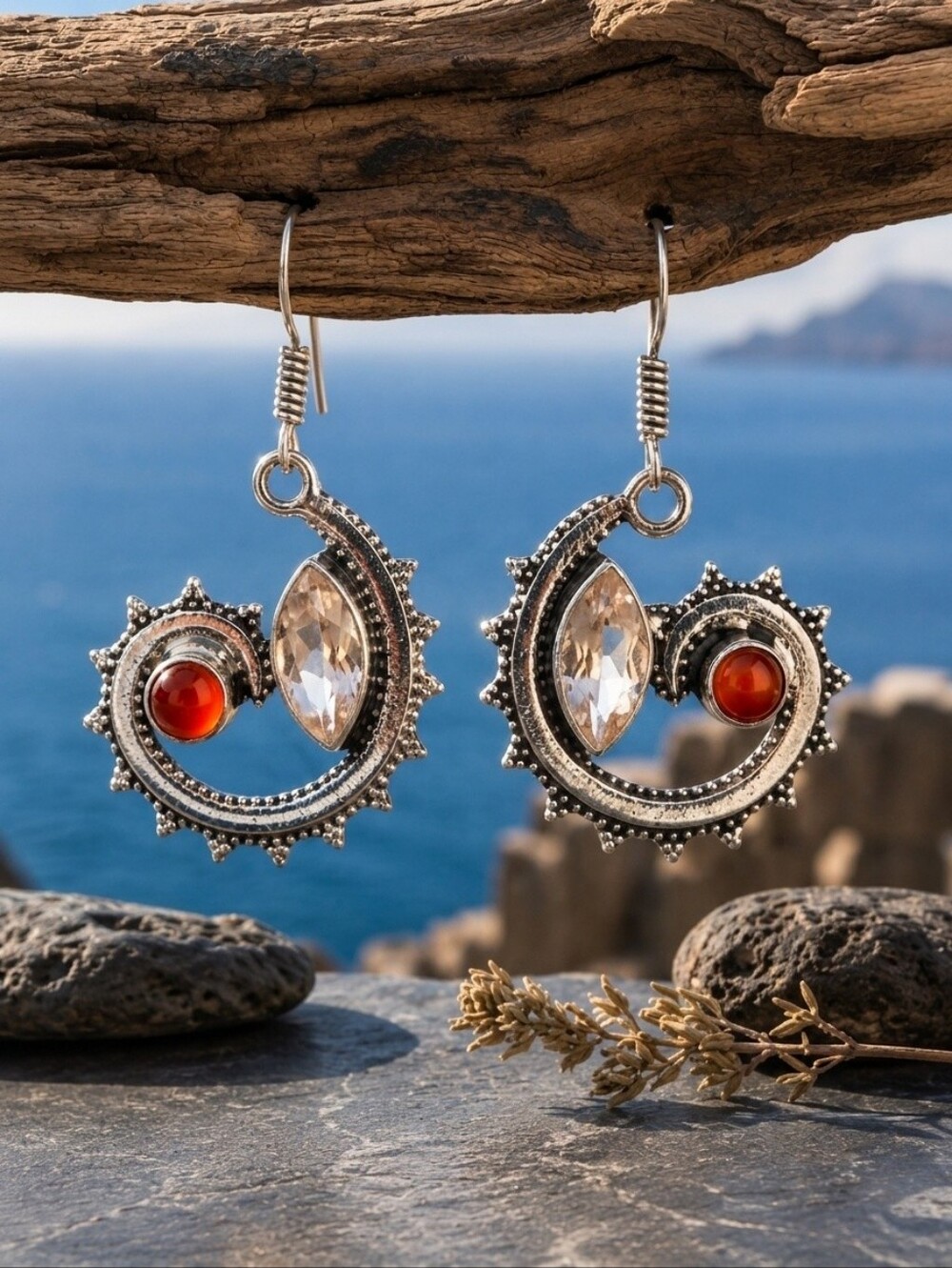 Sterling Silver Morganite Carnelian Spiral Dangle Earrings Boho Coastal 1.8"